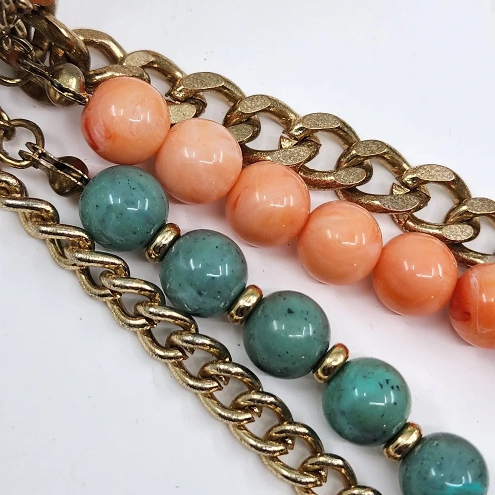 New York & Co. Gold Tone Multi Strand Green Orange Bead Coin Pendant Necklace